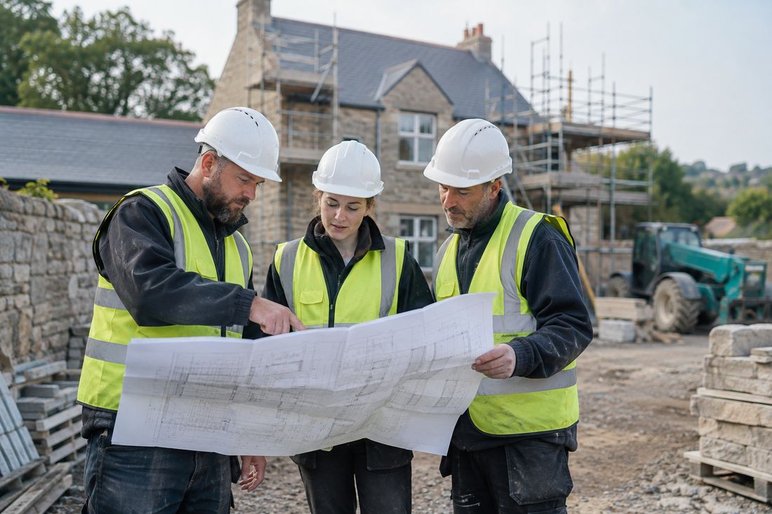 Builders in hard hats reviewing plans on site