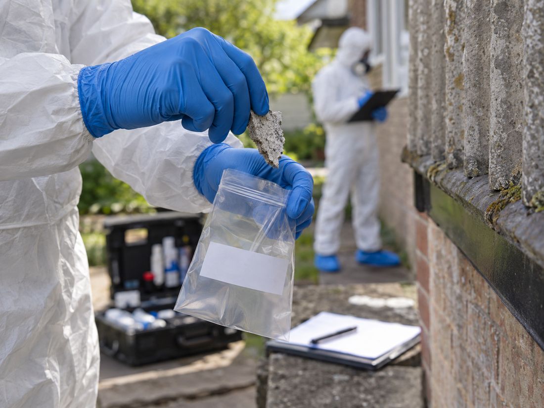 Gloved hand placing a material sample into a sample bag