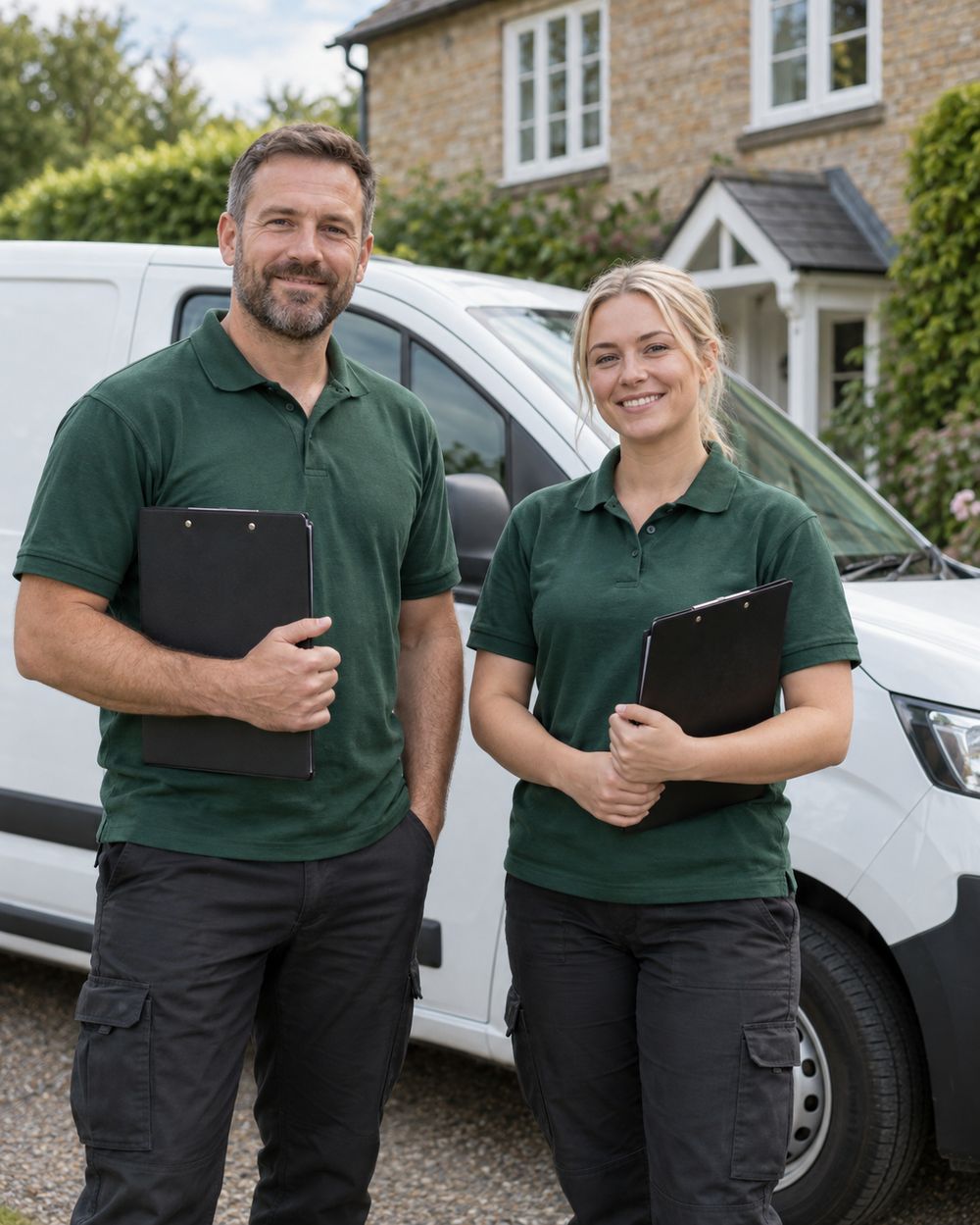 Two surveyors standing beside the company van